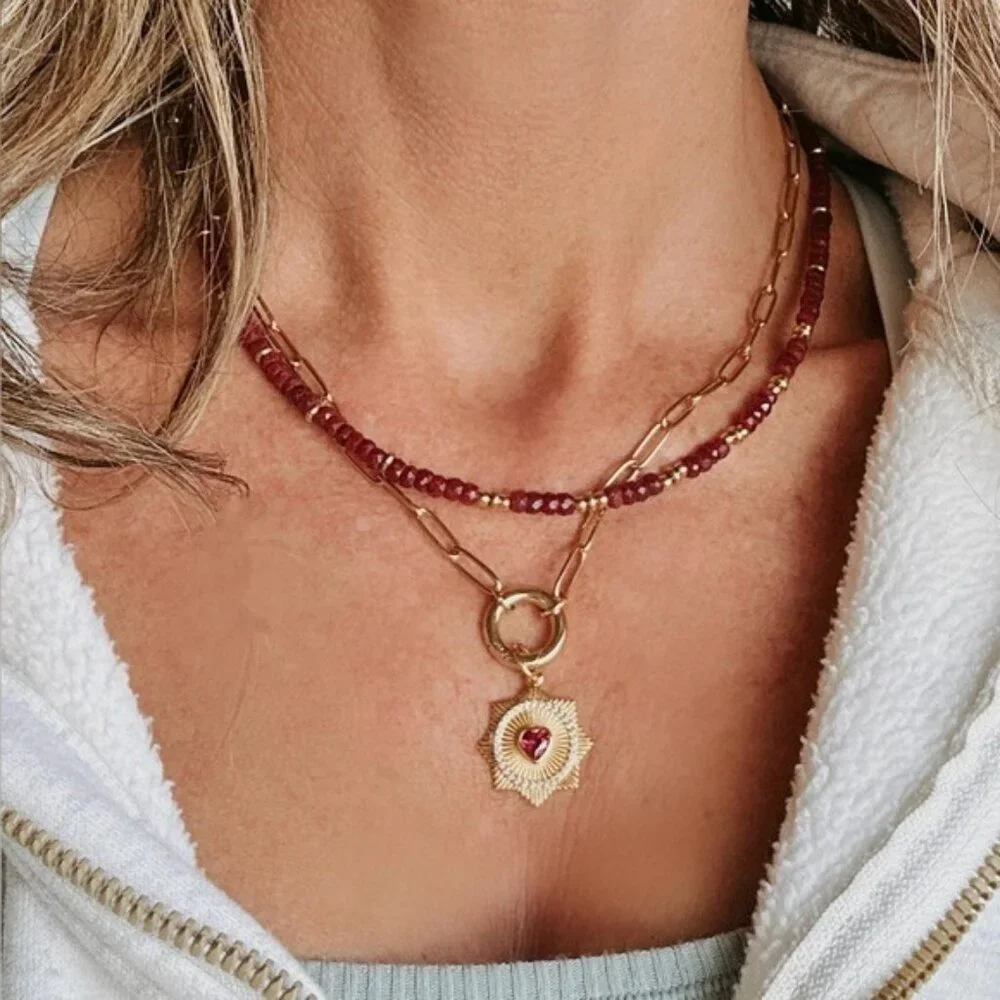 Ruby Beaded Necklace Gold Waterproof Chain July Birthstone Ruby Gemstone Jewelry - Picture 3 of 14